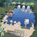 Scenic Park Landscape With Pond Wooden Platforms Cottages Palm Trees And Umbrellas