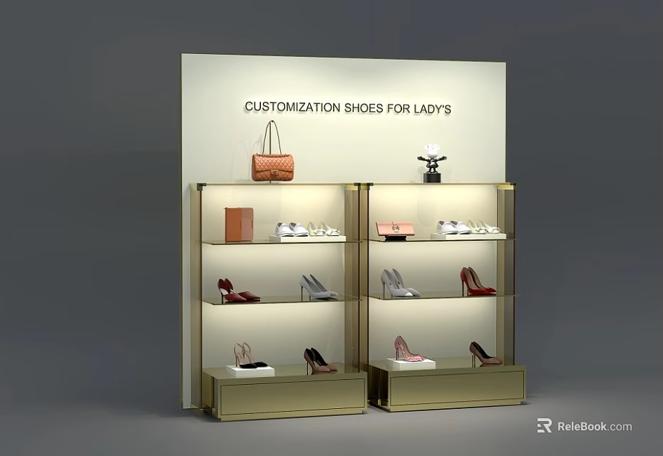 Ladies Customization Shoe Cabinet with Glass Shelves Layered Design and Gold Frame 3d model 