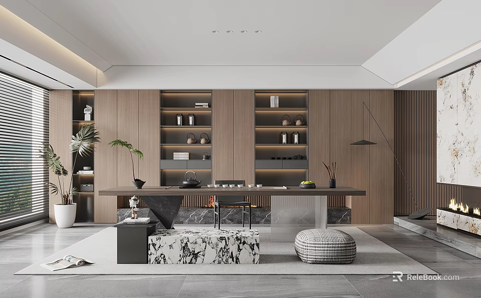 Minimalist Study Room Interior With Wooden Bookshelves Long Desk And Potted Plant 3d model 