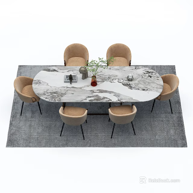Elegant Dining Table Set With Marble Top Six Beige Chairs And Gray Rug 3d model