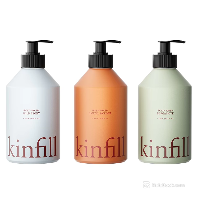 Kinfill Bath and Body Products Hand Wash Body Cream Hand Cream with White Orange Green Pump Bottles 3d model 