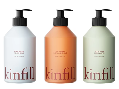 Kinfill Bath and Body Products Hand Wash Body Cream Hand Cream with White Orange Green Pump Bottles 3d model