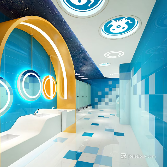 Public Restroom With Blue Tiled Walls Circular Mirrors And Starry Ceiling 3d model