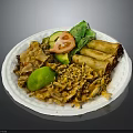 Delicious Asian Food With Stir Fried Noodles Spring Rolls Avocado Tomato Lettuce And Sesame Seeds