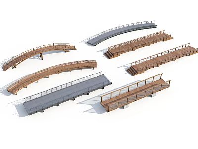 Scenic Landscape Bridges With Various Designs Arched Straight Shapes Wooden Metal Gray Railings 3d model