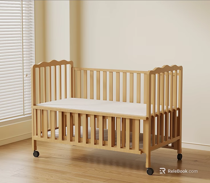 Wooden Baby Crib With Wheels In Light Wood Finish Near Window Blinds 3d model 