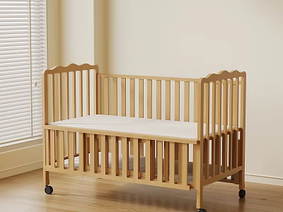 Wooden Baby Crib With Wheels In Light Wood Finish Near Window Blinds 3d model
