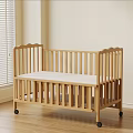 Wooden Baby Crib With Wheels In Light Wood Finish Near Window Blinds