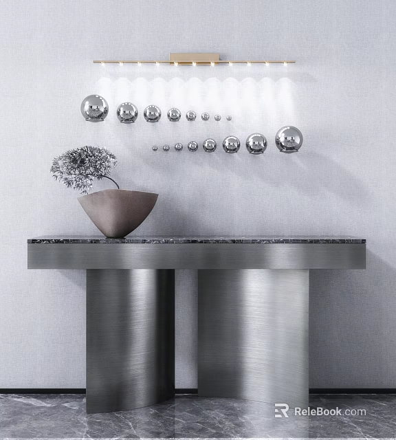 Modern Console Table With Metal Base Brown Bowl Silver Decorative Flower And Spherical Wall Decorations 3d model 