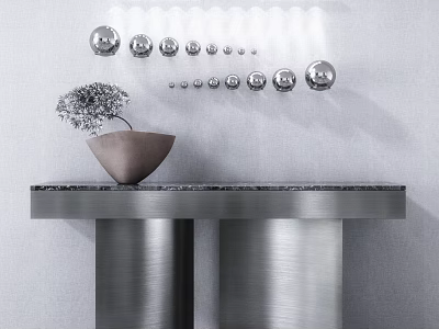 Modern Console Table With Metal Base Brown Bowl Silver Decorative Flower And Spherical Wall Decorations 3d model