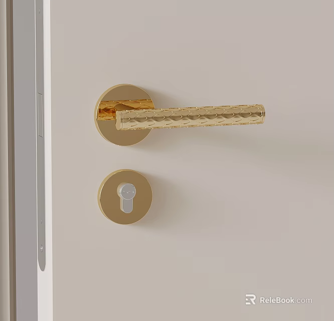 Elegant Gold Textured Door Handle With Keyhole On White Door Surface 3d model