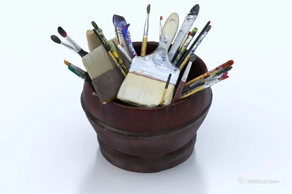 Assorted Art Paintbrushes in Wooden Bucket with Various Sizes and Colorful Paint Marks 3d model 