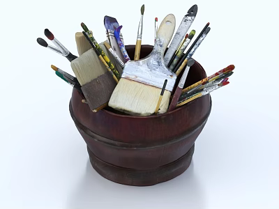 Assorted Art Paintbrushes in Wooden Bucket with Various Sizes and Colorful Paint Marks 3d model