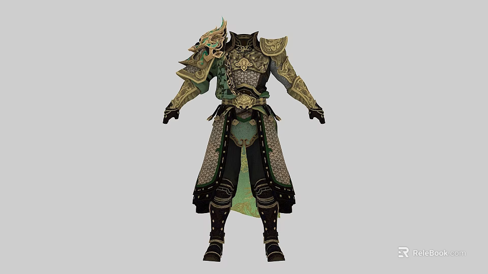 Ancient Decorative Armor With Dragon Shoulder Design And Gold Green Details 3d model 