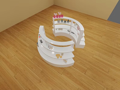 Spiral Shaped White Display Shelf for Toys with Multi Tiered Design in Wooden Floor Room 3d model