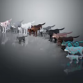 Different Colored Dog And Cat Models Arranged In A Row On Gray Background With Reflection