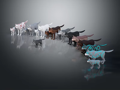 Different Colored Dog And Cat Models Arranged In A Row On Gray Background With Reflection 3d model