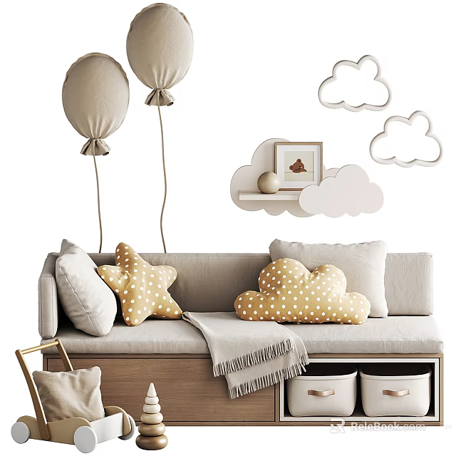 Sectional Sofa with Yellow Star Pillows Cloud Polka Dot Pillows Wall Cloud Decorations and Balloons 3d model