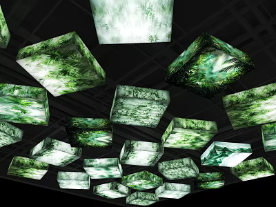 Cube Shaped Lightboxes With Green And White Textured Design Hanging From Black Background Ceiling 3d model