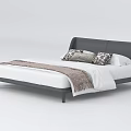 Modern Gray Leather Double Bed With Decorative Pillows And Striped Bedspread 3d model