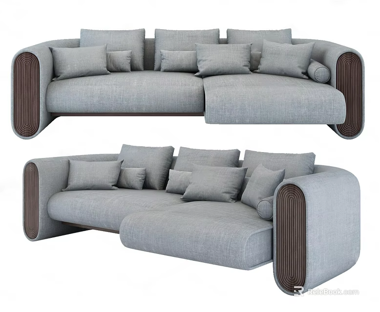 Light Gray Sectional Sofa With Multiple Cushions Dark Armrests And Curved Design 3d model