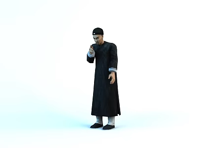 Traditional Character In Black Robe And Hat Standing Against White Background 3d model
