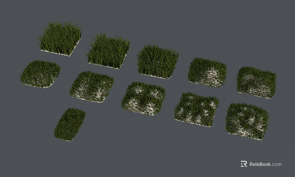 Green Grass Patches in Various Shapes Arranged on Gray Background 3d model 
