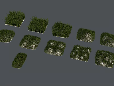 Green Grass Patches in Various Shapes Arranged on Gray Background 3d model