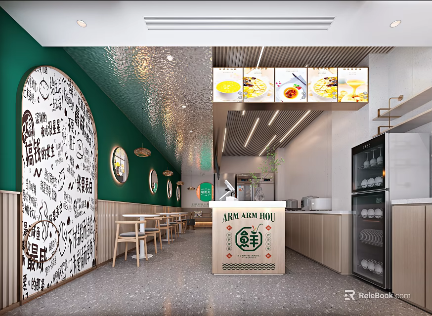 Modern Restaurant Interior With Green Walls Round Mirrors Tables Chairs Order Counter And Menu Screens 3d model 