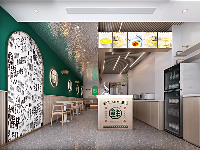 Modern Restaurant Interior With Green Walls Round Mirrors Tables Chairs Order Counter And Menu Screens 3d model