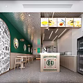 Modern Restaurant Interior With Green Walls Round Mirrors Tables Chairs Order Counter And Menu Screens