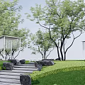 Garden Landscape Design With Green Lawns Trees Rocks And White Structures 3d model