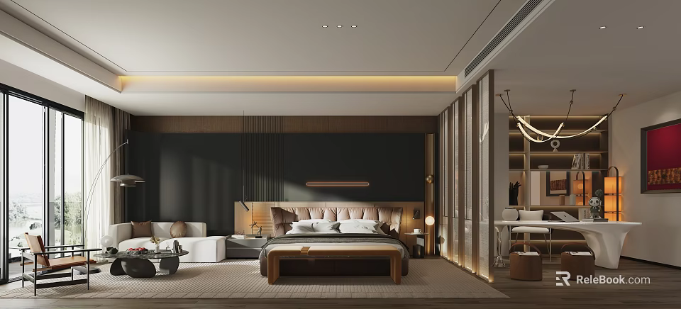 Modern Bedroom Interior Design With Large Bed Wooden Nightstands Wardrobe And Soft Rug 3d model 