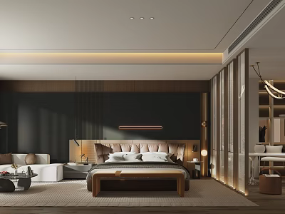 Modern Bedroom Interior Design With Large Bed Wooden Nightstands Wardrobe And Soft Rug 3d model