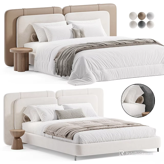 Modern Double Bed with Headboard Design Bedding Pillows Throw Blanket and Side Table 3d model