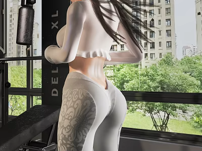 Woman in White Top and Grey Patterned Leggings Exercising by Gym Window with City Trees View 3d model