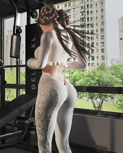 Woman in White Top and Grey Patterned Leggings Exercising by Gym Window with City Trees View 3d model