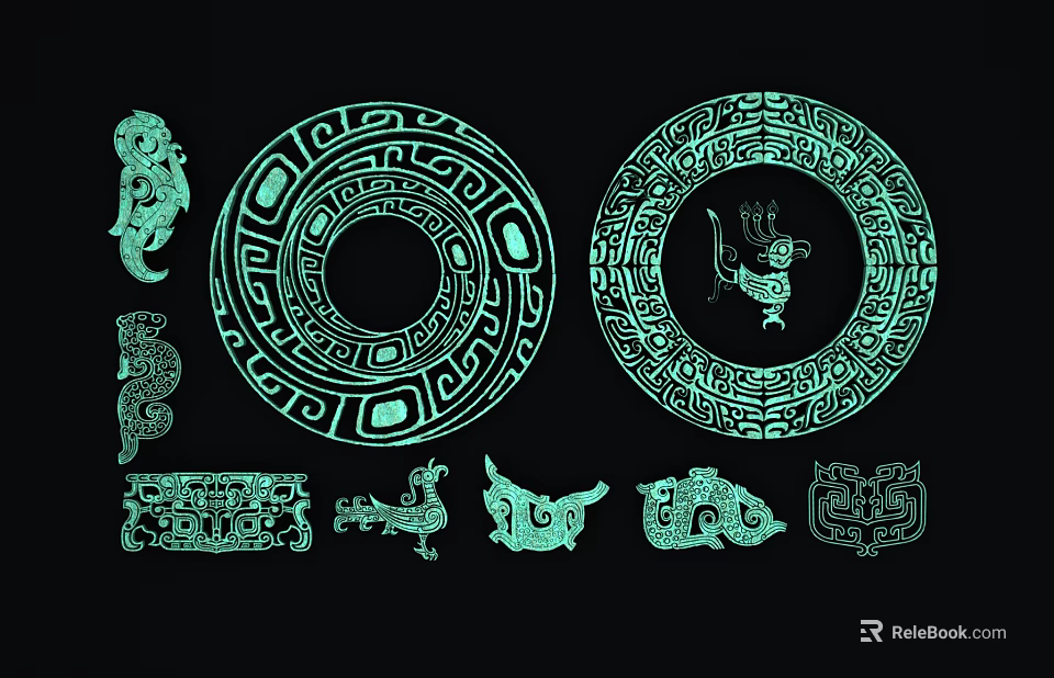 Ancient Patterned Green Wall Decor with Circular Designs and Animal Motifs 3d model