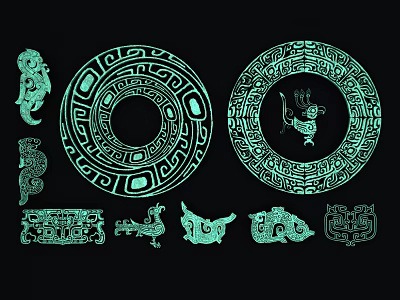 Ancient Patterned Green Wall Decor with Circular Designs and Animal Motifs 3d model
