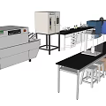 Industrial Equipment Setup With Workbenches Machines Cabinets And Storage Units