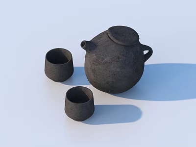 Household Black Ceramic Teapot With Two Matching Cups For Daily Use 3d model