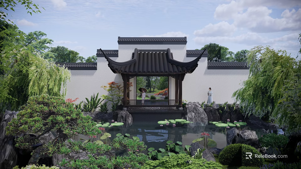 Traditional Chinese Water Fountain With Pavilion Lotus Leaves Stones And Greenery 3d model 