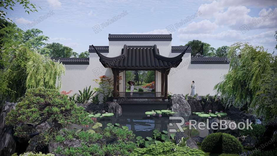 Chinese style garden landscape waterside pavilion Banting pond model