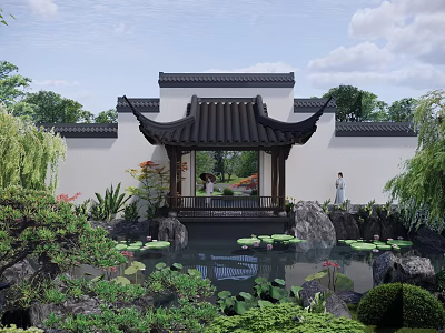 Traditional Chinese Water Fountain With Pavilion Lotus Leaves Stones And Greenery 3d model