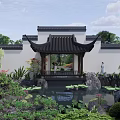 Traditional Chinese Water Fountain With Pavilion Lotus Leaves Stones And Greenery