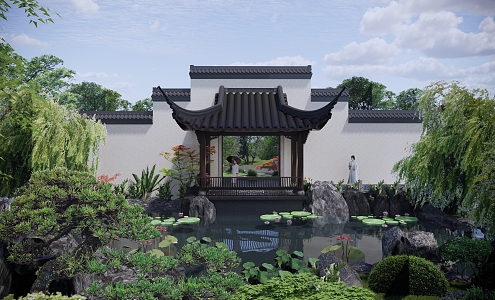 Chinese style garden landscape waterside pavilion Banting pond 3d model