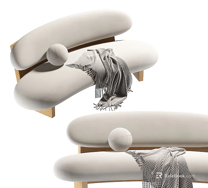 Beige Upholstered Multi-Seat Sofa With Wooden Legs Round Pillow And Plaid Blanket 3d model 