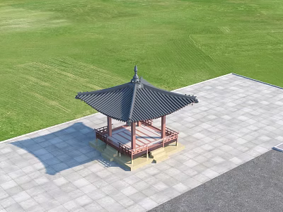 Traditional Pergola with Black Tiled Roof Red Structure on Gray Stone Tiles in Green Lawn 3d model
