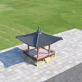 Traditional Pergola with Black Tiled Roof Red Structure on Gray Stone Tiles in Green Lawn
