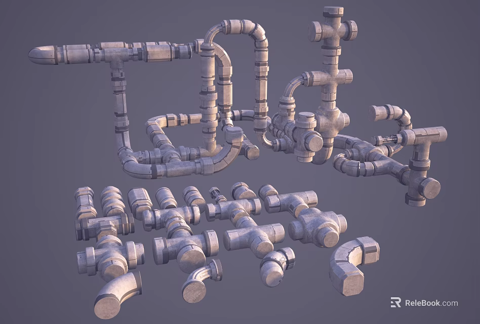 Various Metal Pipe Fittings And Different Types Of Industrial Piping Components 3d model 